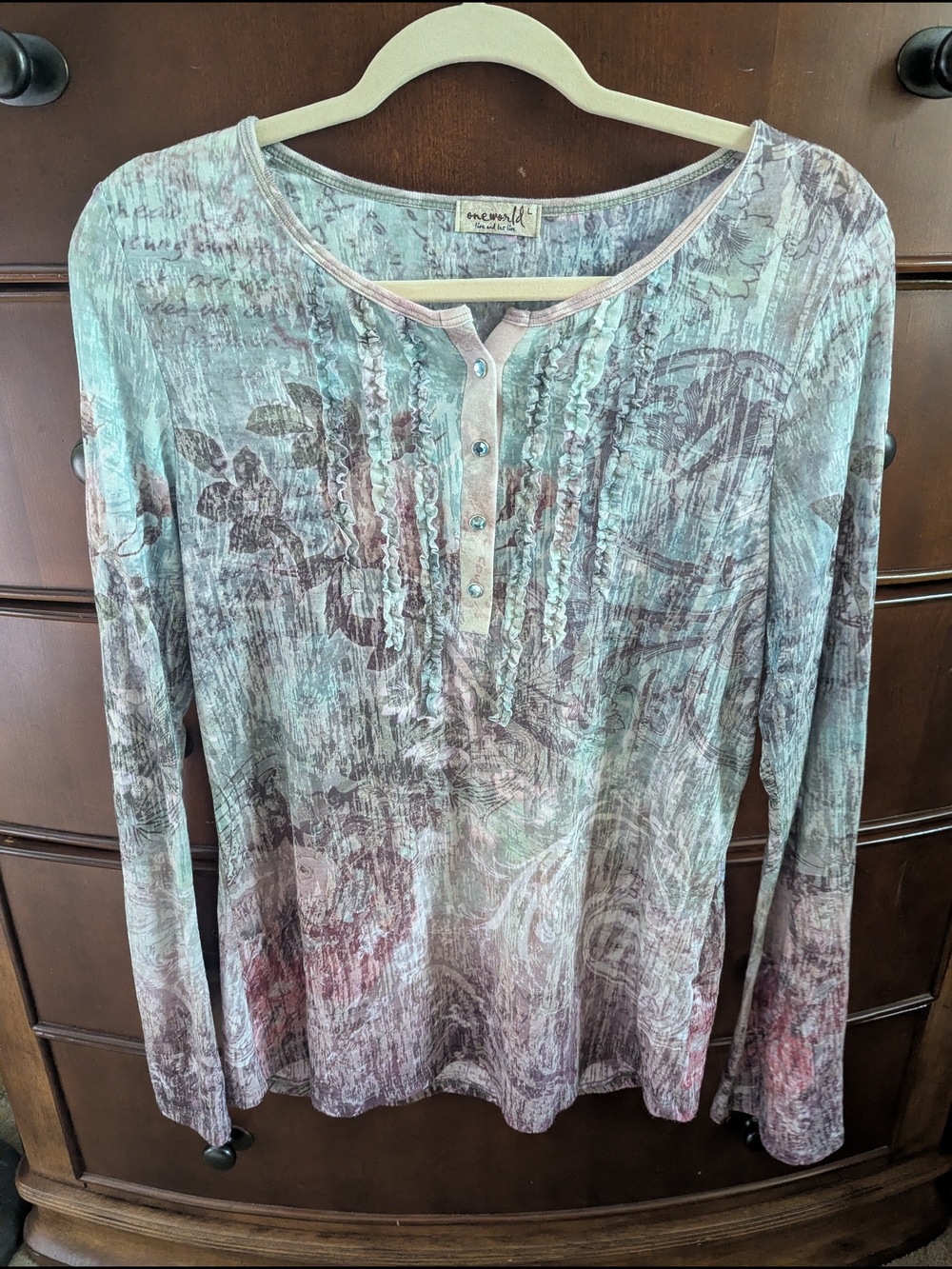 ONE WORLD Mint Floral Henley Long Sleeve Top